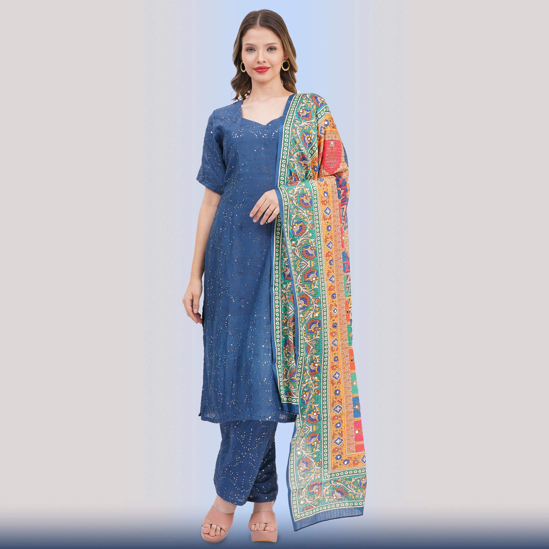 Blue Sequin Suit & Vibrant Printed Dupatta - Chiro's By Jigyasa