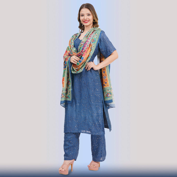 Blue Sequin Suit & Vibrant Printed Dupatta - Chiro's By Jigyasa