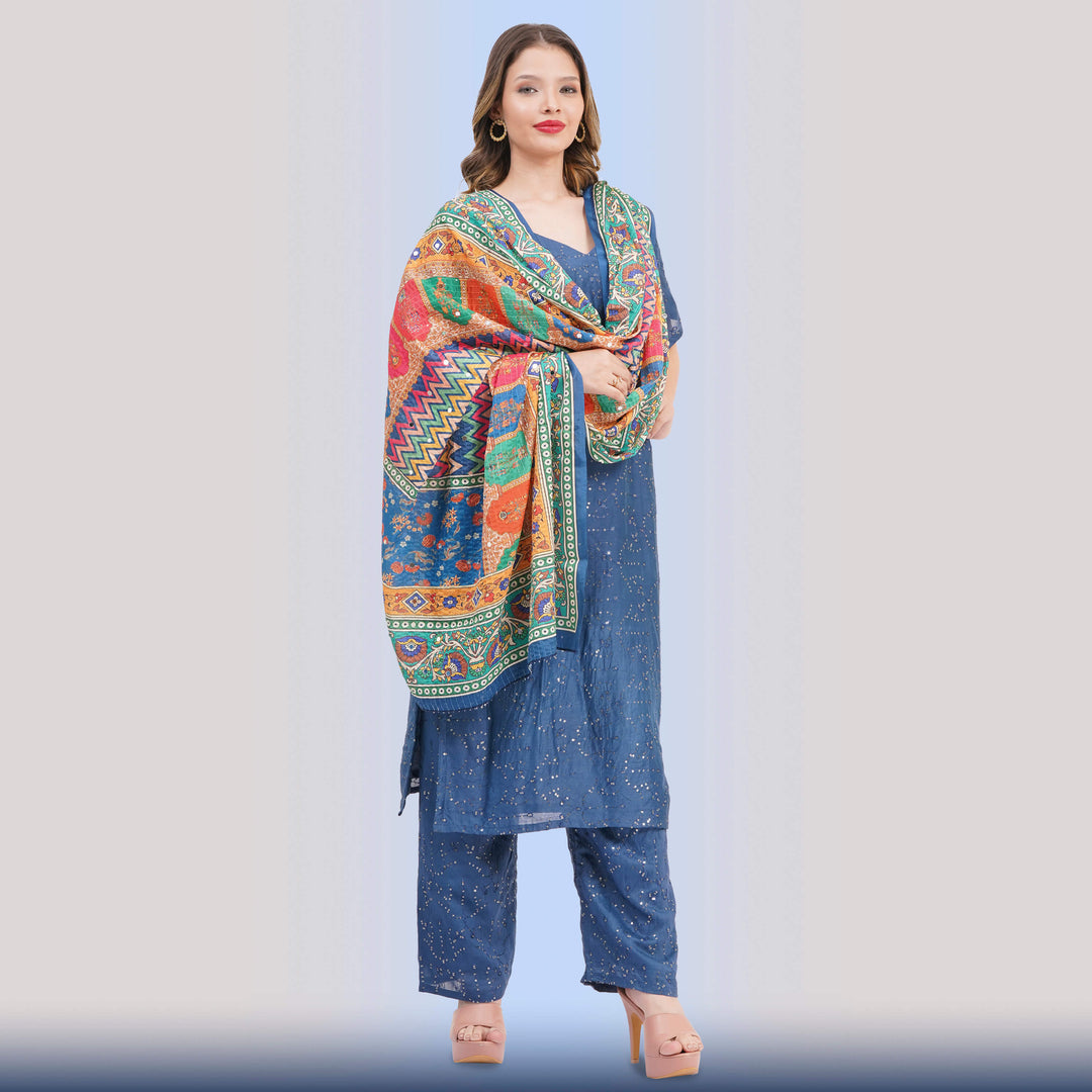 Blue Sequin Suit & Vibrant Printed Dupatta - Chiro's By Jigyasa