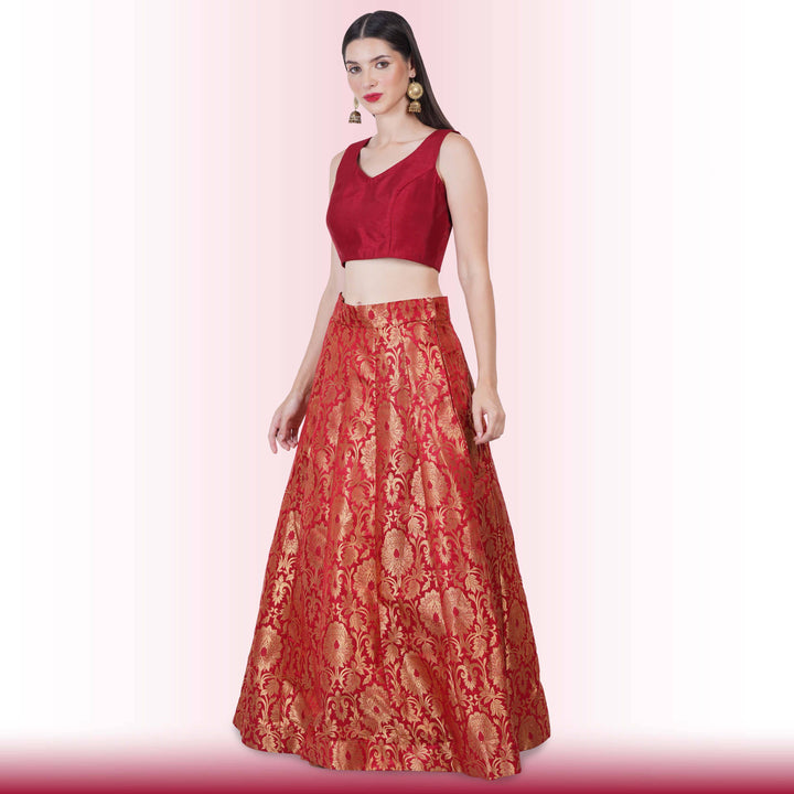 Brocade Lehenga for Wedding Guests - Maroon