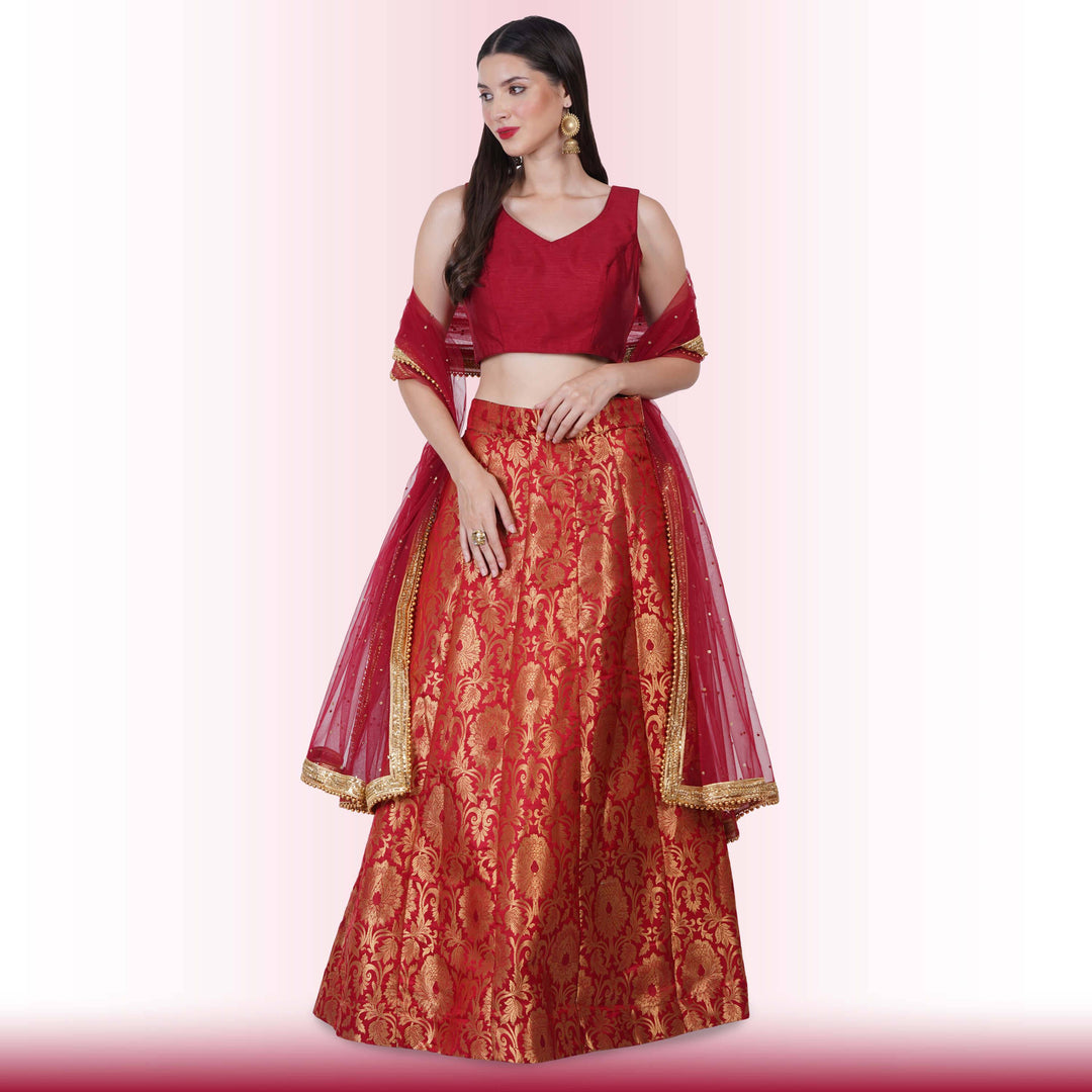 Brocade Lehenga for Wedding Guests - Maroon