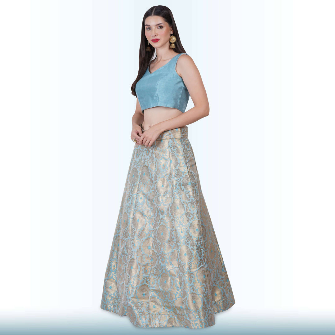 Brocade Lehenga for Wedding Guests - Blue - Chiro's By Jigyasa