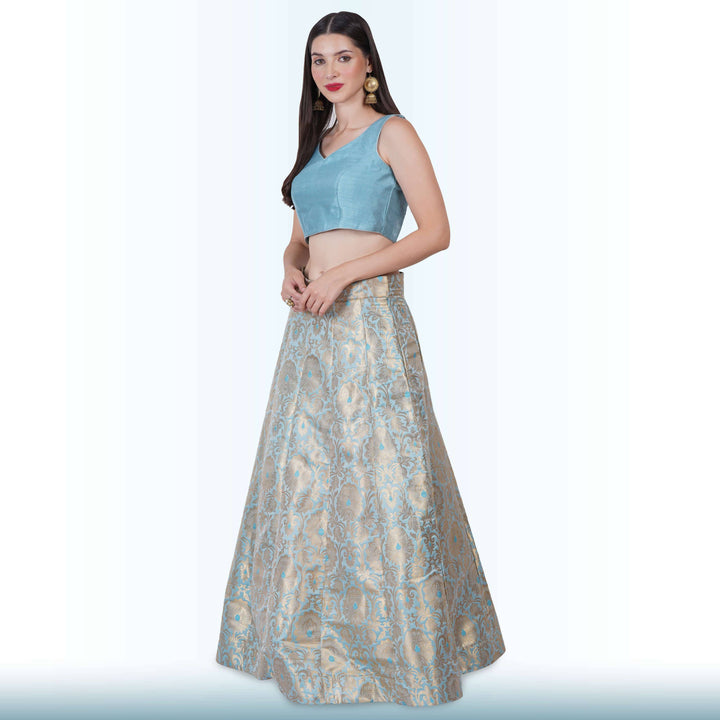 Brocade Lehenga for Wedding Guests - Blue - Chiro's By Jigyasa