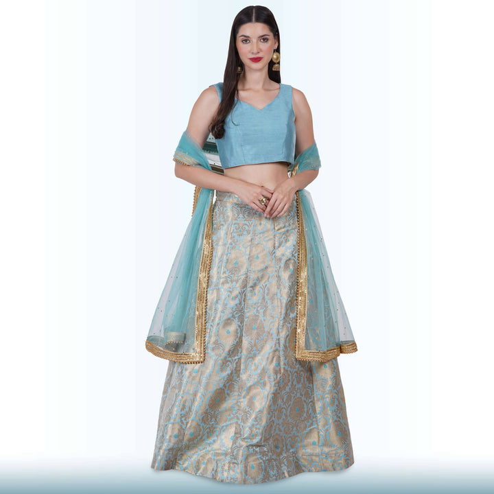 Brocade Lehenga for Wedding Guests - Blue