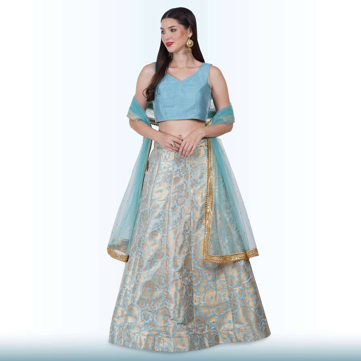 Brocade Lehenga for Wedding Guests - Blue - Chiro's By Jigyasa
