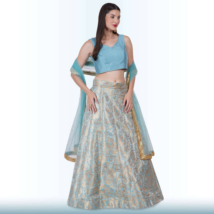 Brocade Lehenga for Wedding Guests - Blue