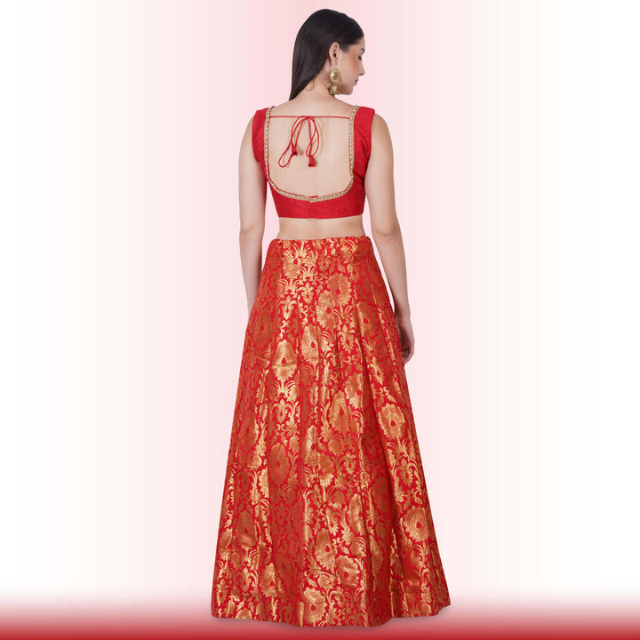 Brocade Lehenga for Wedding Guests - Red