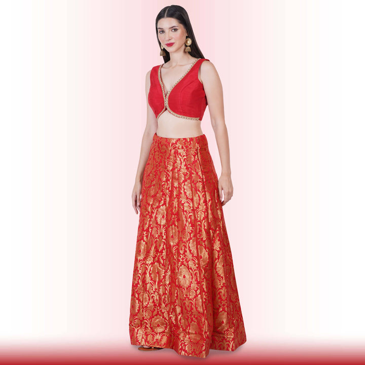 Brocade Lehenga for Wedding Guests - Red