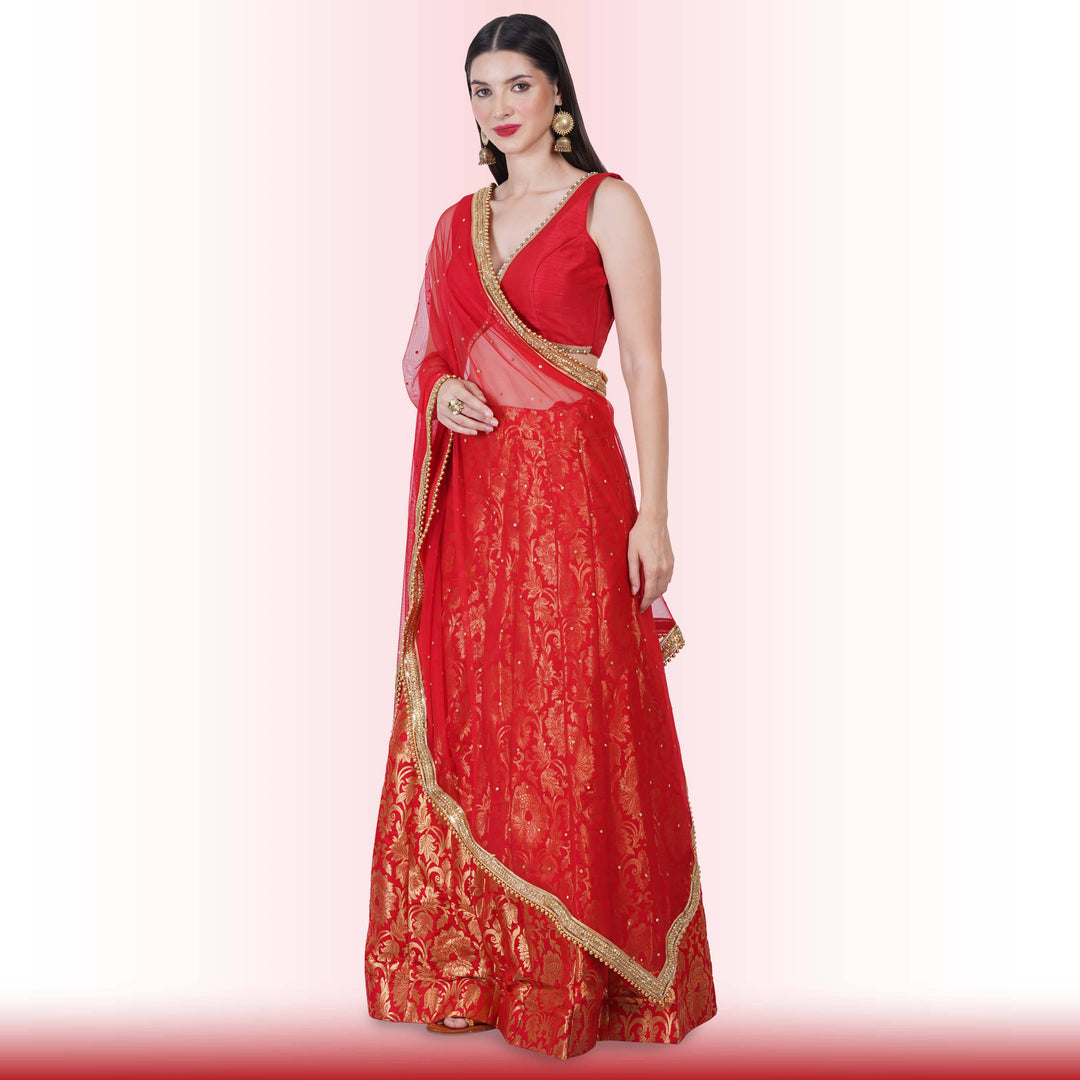 Brocade Lehenga for Wedding Guests - Red