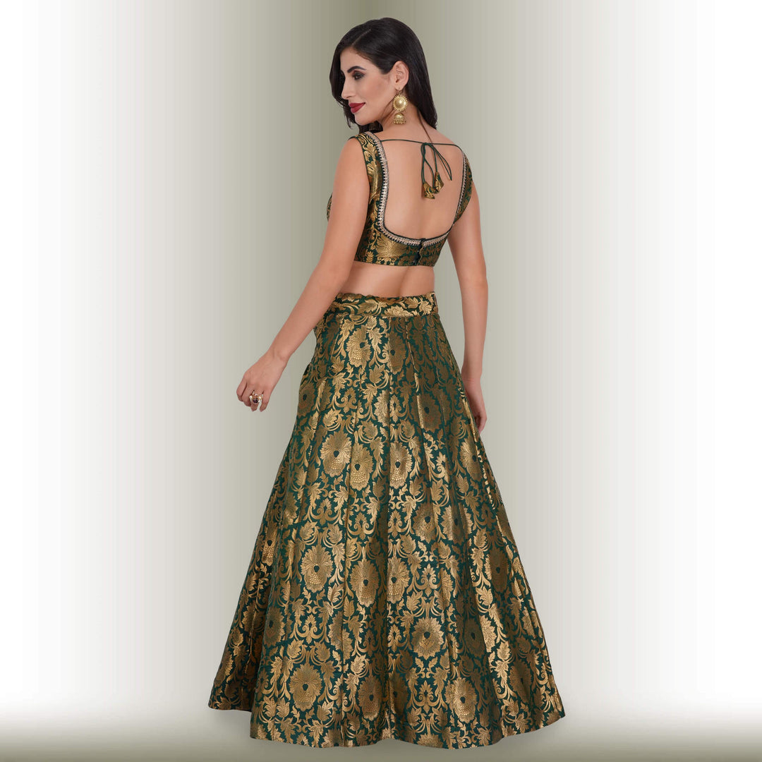 Brocade Party Lehenga - Green - Chiro's By Jigyasa