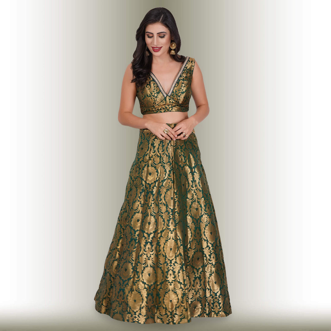 Brocade Party Lehenga - Green - Chiro's By Jigyasa