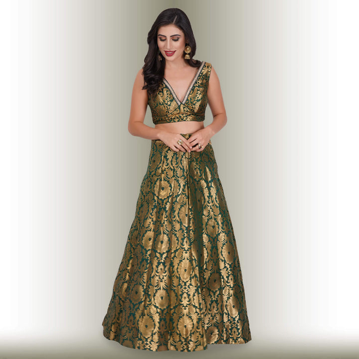 Brocade Party Lehenga - Green - Chiro's By Jigyasa