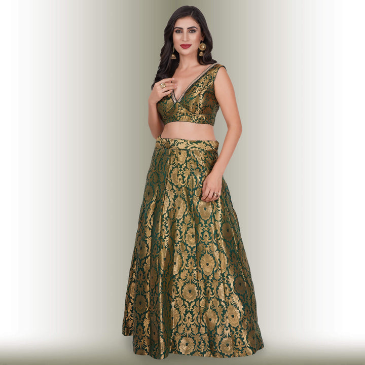 Brocade Party Lehenga - Green - Chiro's By Jigyasa