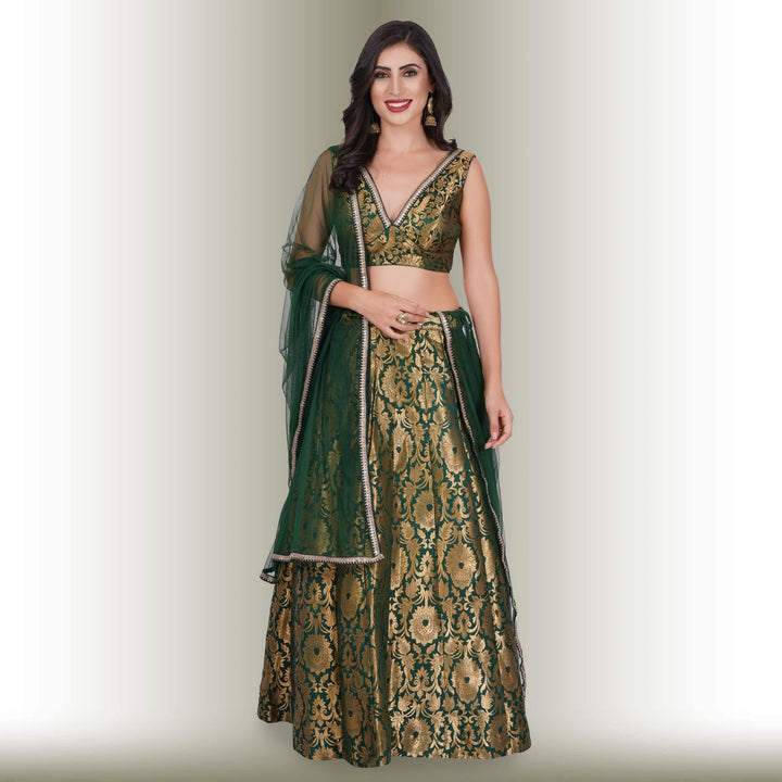 Brocade Party Lehenga - Green - Chiro's By Jigyasa