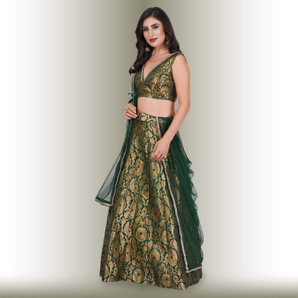 Brocade Party Lehenga - Green - Chiro's By Jigyasa