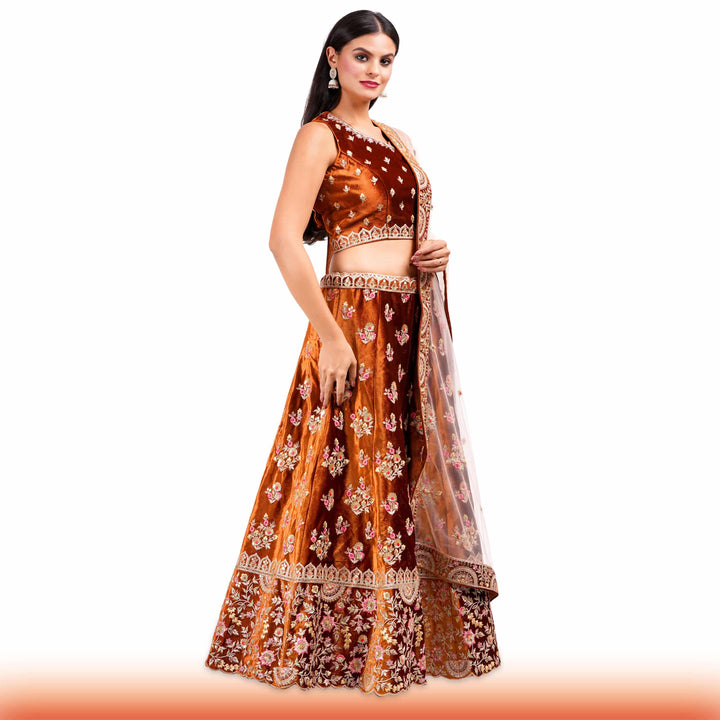 Burnt Orange Indian Lehenga with Pink & Gold Floral Motifs - Chiro's By Jigyasa