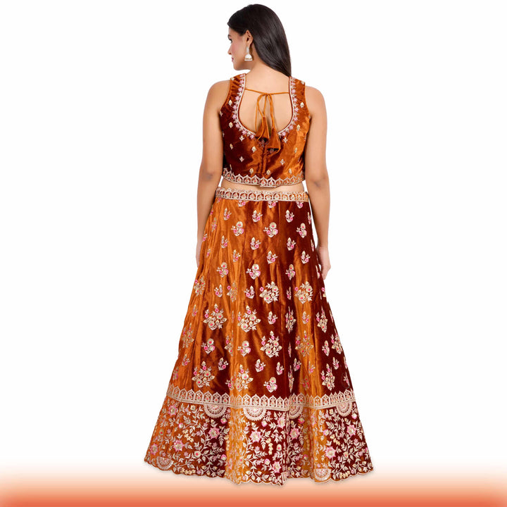 Burnt Orange Indian Lehenga with Pink & Gold Floral Motifs - Chiro's By Jigyasa
