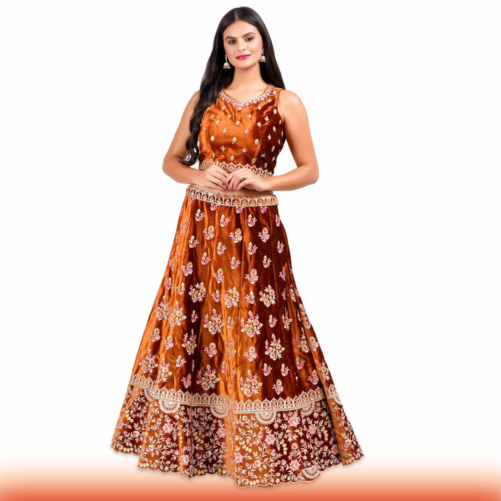Burnt Orange Indian Lehenga with Pink & Gold Floral Motifs - Chiro's By Jigyasa