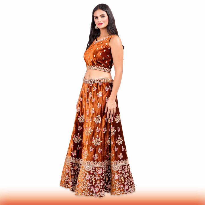 Burnt Orange Indian Lehenga with Pink & Gold Floral Motifs - Chiro's By Jigyasa