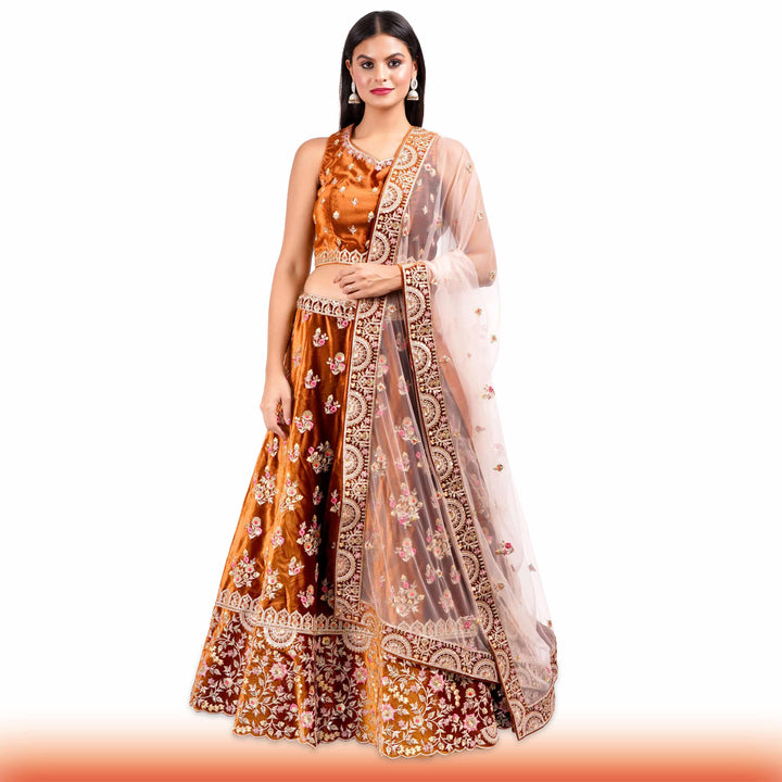 Burnt Orange Indian Lehenga with Pink & Gold Floral Motifs - Chiro's By Jigyasa