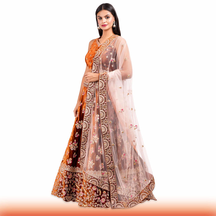 Burnt Orange Indian Lehenga with Pink & Gold Floral Motifs - Chiro's By Jigyasa