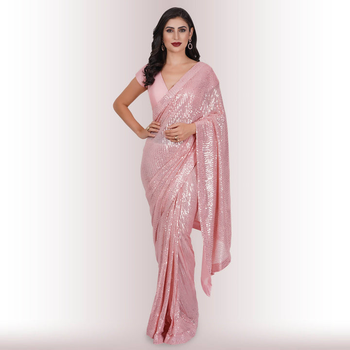 Ready Made Sequin Saree - Pink