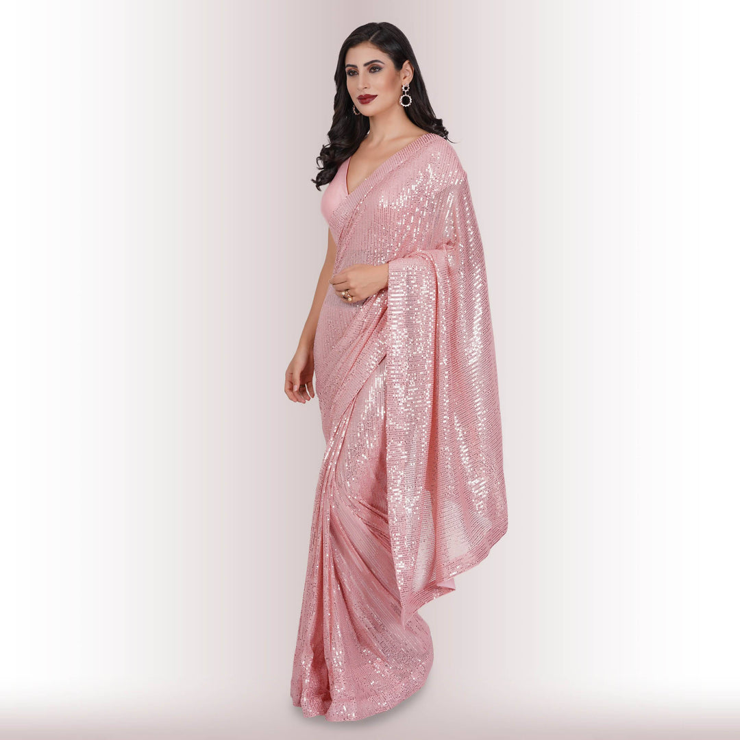 Ready Made Sequin Saree - Pink