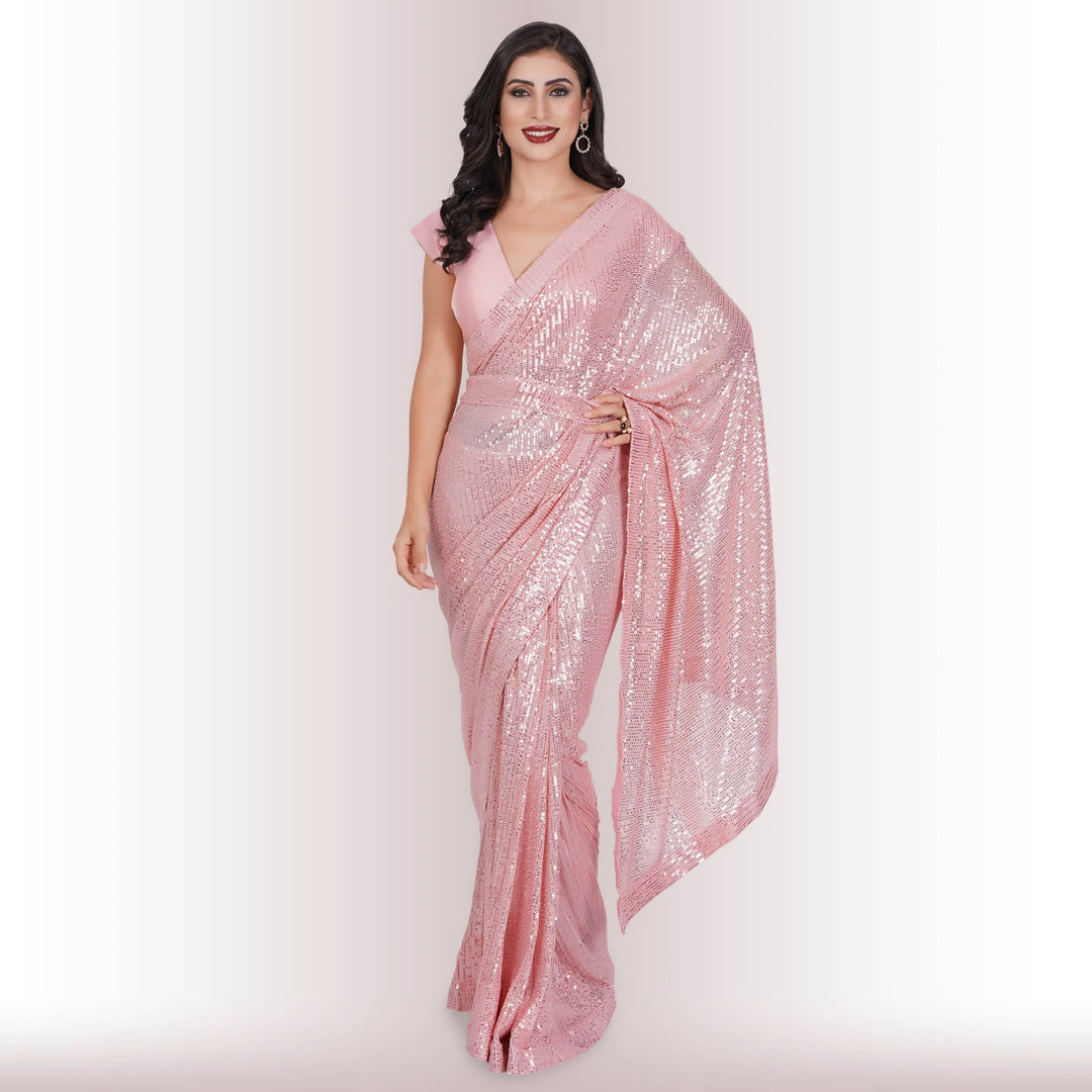 Ready Made Sequin Saree - Pink