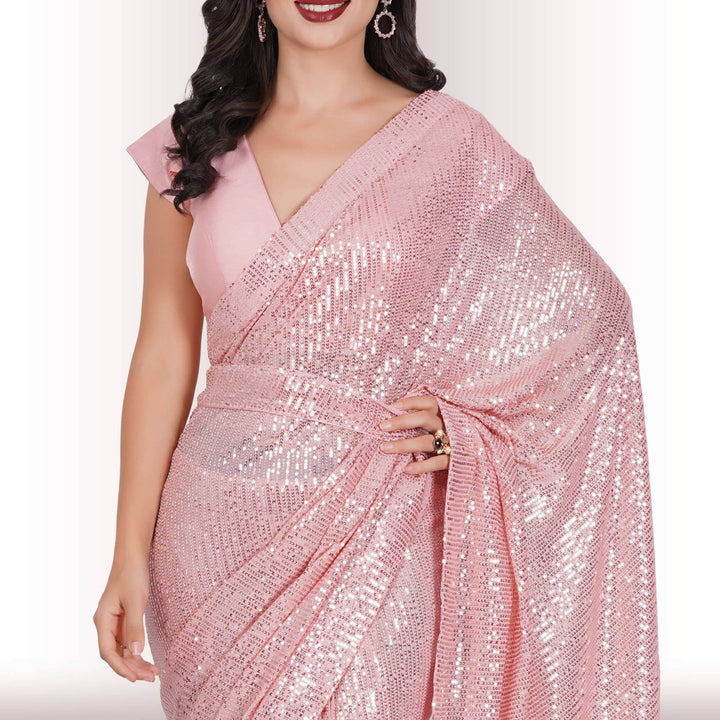 Ready Made Sequin Saree - Pink