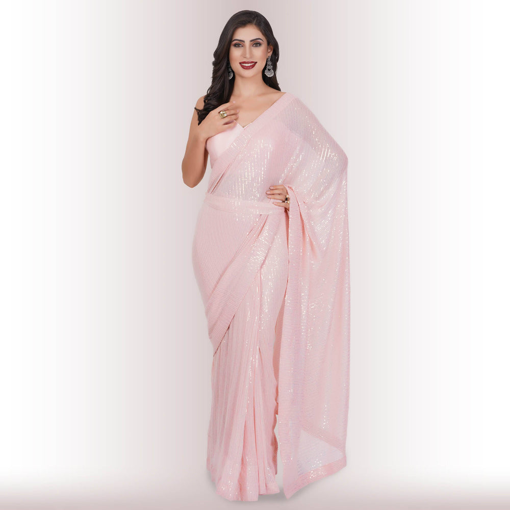 Ready Made Sequin Saree - Blush