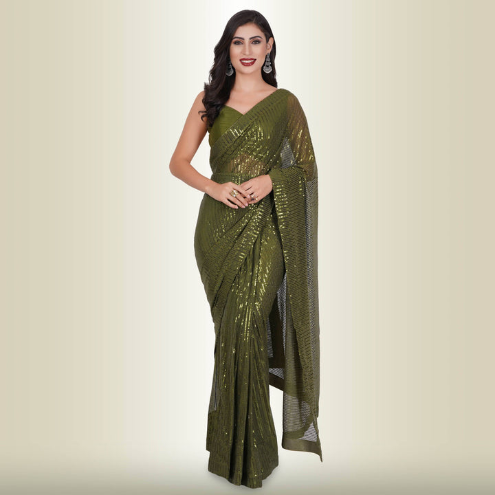 One Minute Sequin Saree - Dark Green