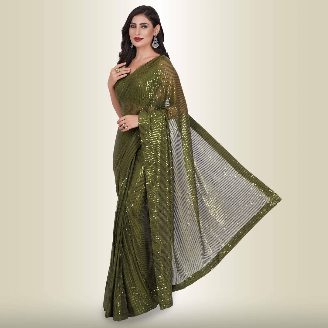 One Minute Sequin Saree - Dark Green