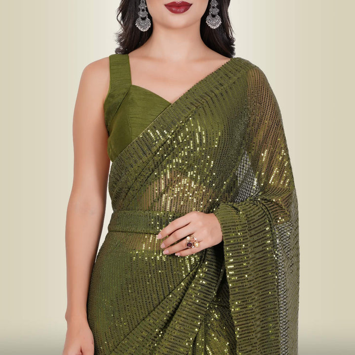 One Minute Sequin Saree - Dark Green