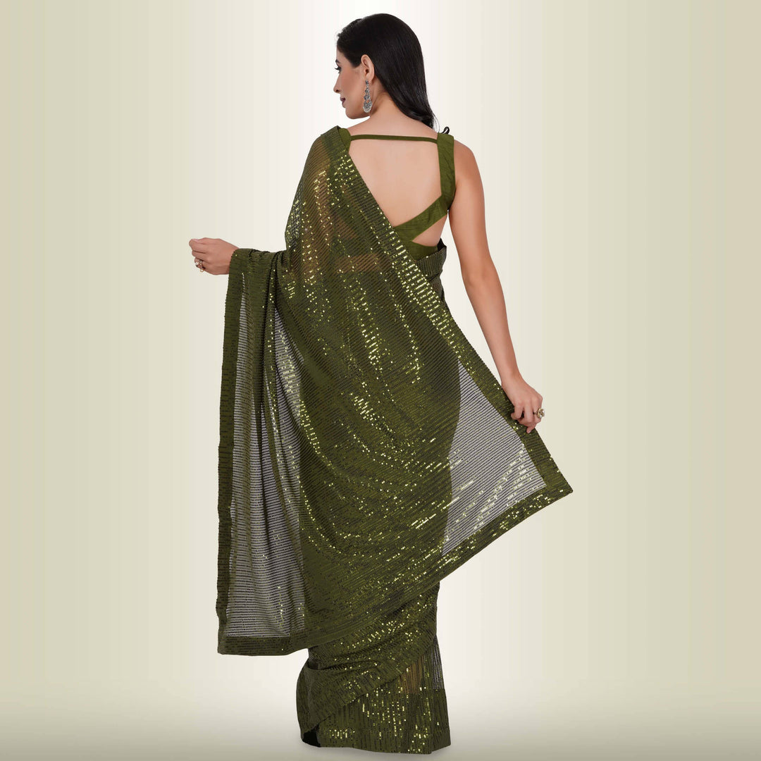 One Minute Sequin Saree - Dark Green