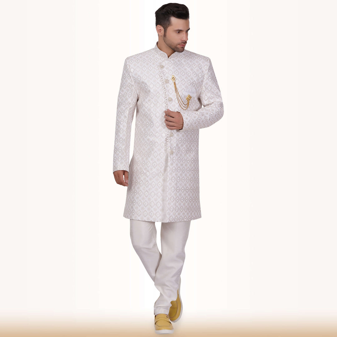 Self Design Sherwani with Gold Embroidery