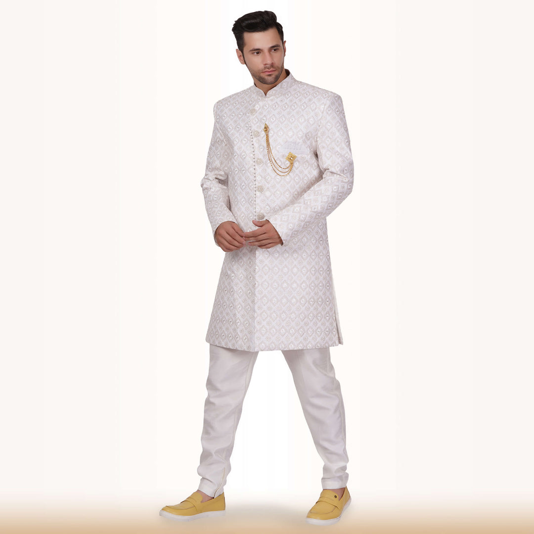 Self Design Sherwani with Gold Embroidery