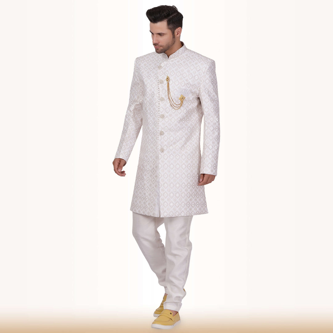 Self Design Sherwani with Gold Embroidery