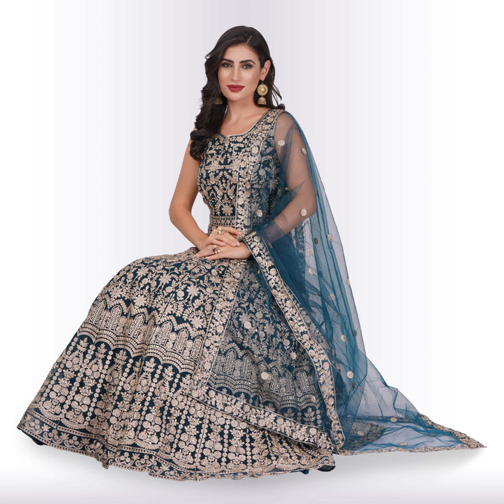 Silk Lehenga with Exquisite Gold Embroidery : Teal