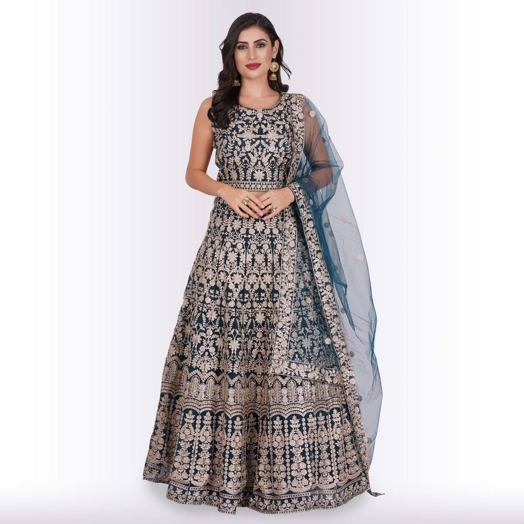 Silk Lehenga with Exquisite Gold Embroidery : Teal