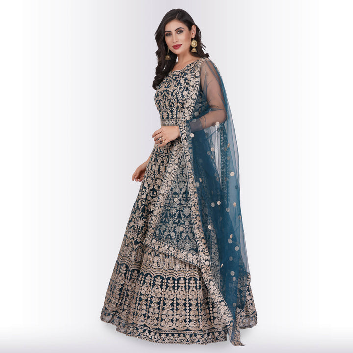 Silk Lehenga with Exquisite Gold Embroidery : Teal