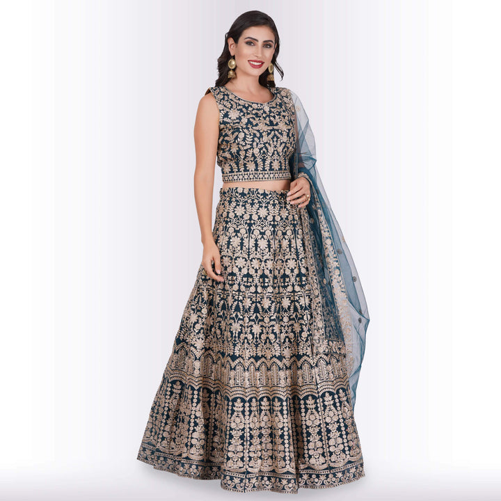 Silk Lehenga with Exquisite Gold Embroidery : Teal