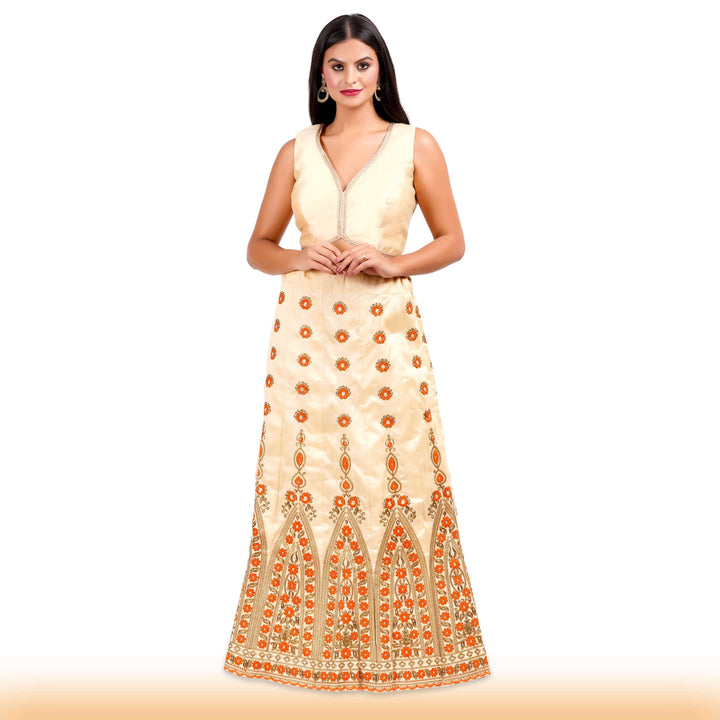 Beige Embroidered lehenga with orange embroidery and contrast duppatta - Chiro's By Jigyasa