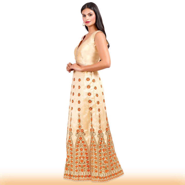 Beige Embroidered lehenga with orange embroidery and contrast duppatta - Chiro's By Jigyasa