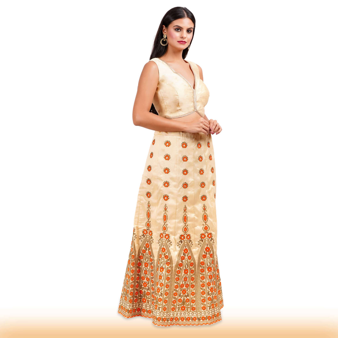 Beige Embroidered lehenga with orange embroidery and contrast duppatta - Chiro's By Jigyasa