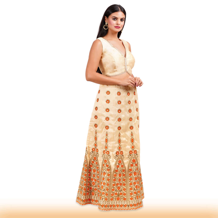 Beige Embroidered lehenga with orange embroidery and contrast duppatta - Chiro's By Jigyasa