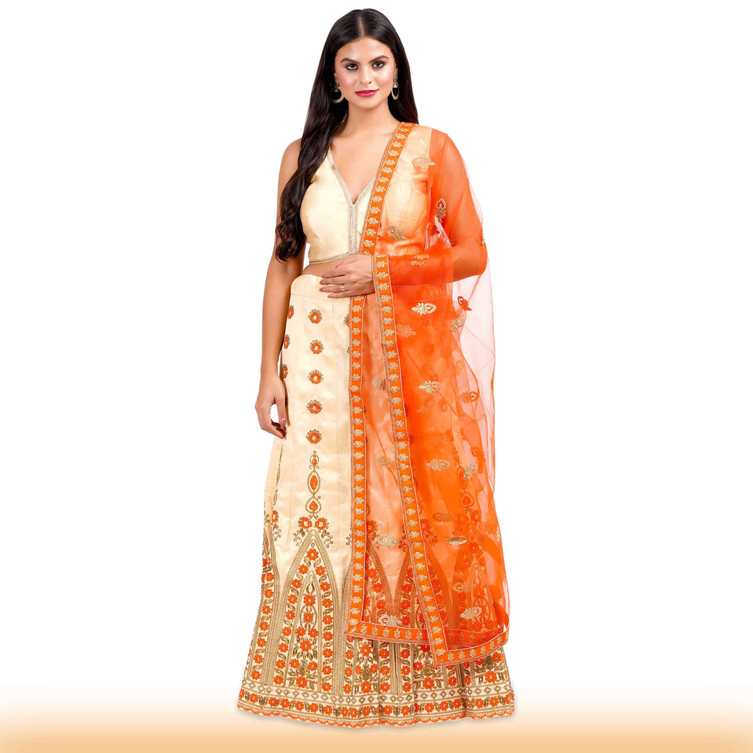 Beige Embroidered lehenga with orange embroidery and contrast duppatta - Chiro's By Jigyasa
