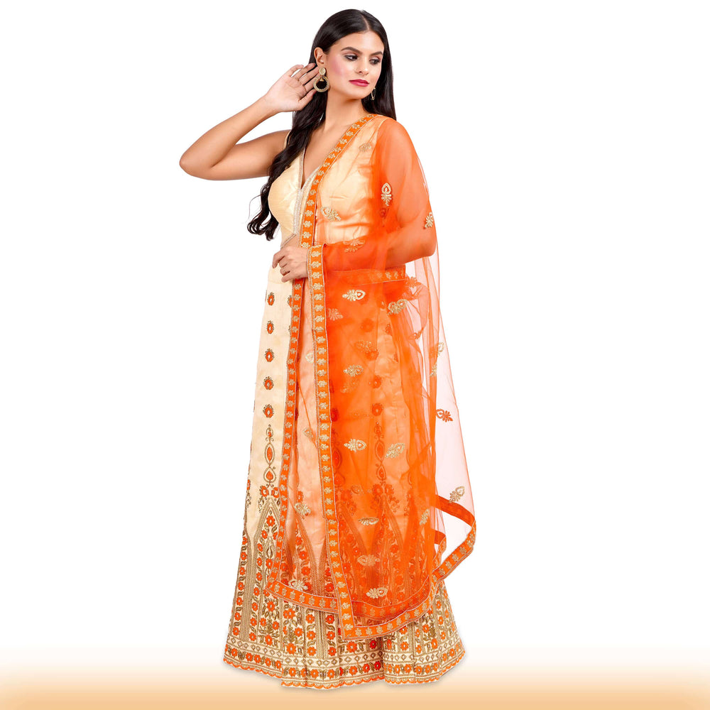 Beige Embroidered lehenga with orange embroidery and contrast duppatta - Chiro's By Jigyasa