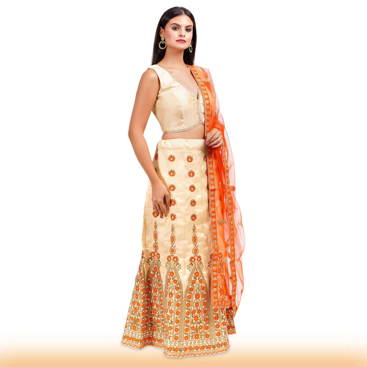 Beige Embroidered lehenga with orange embroidery and contrast duppatta - Chiro's By Jigyasa