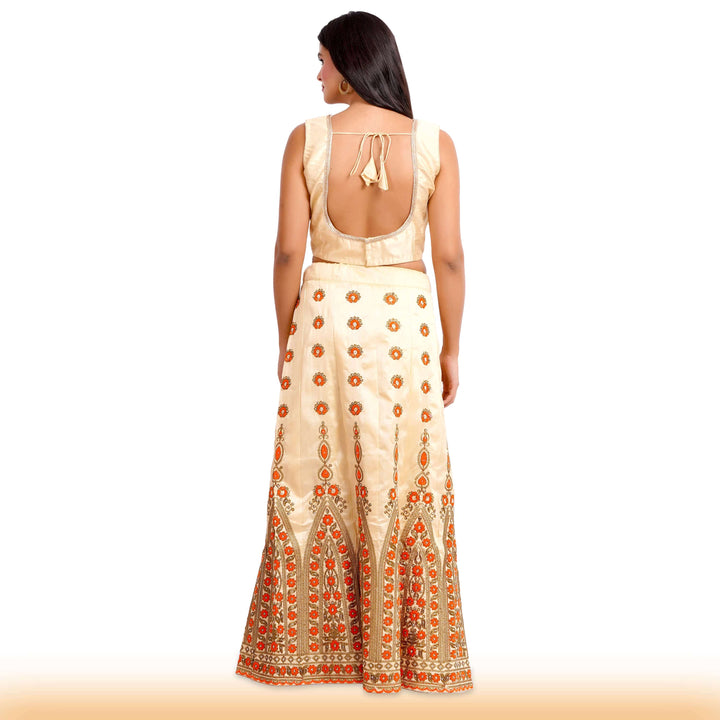 Beige Embroidered lehenga with orange embroidery and contrast duppatta - Chiro's By Jigyasa