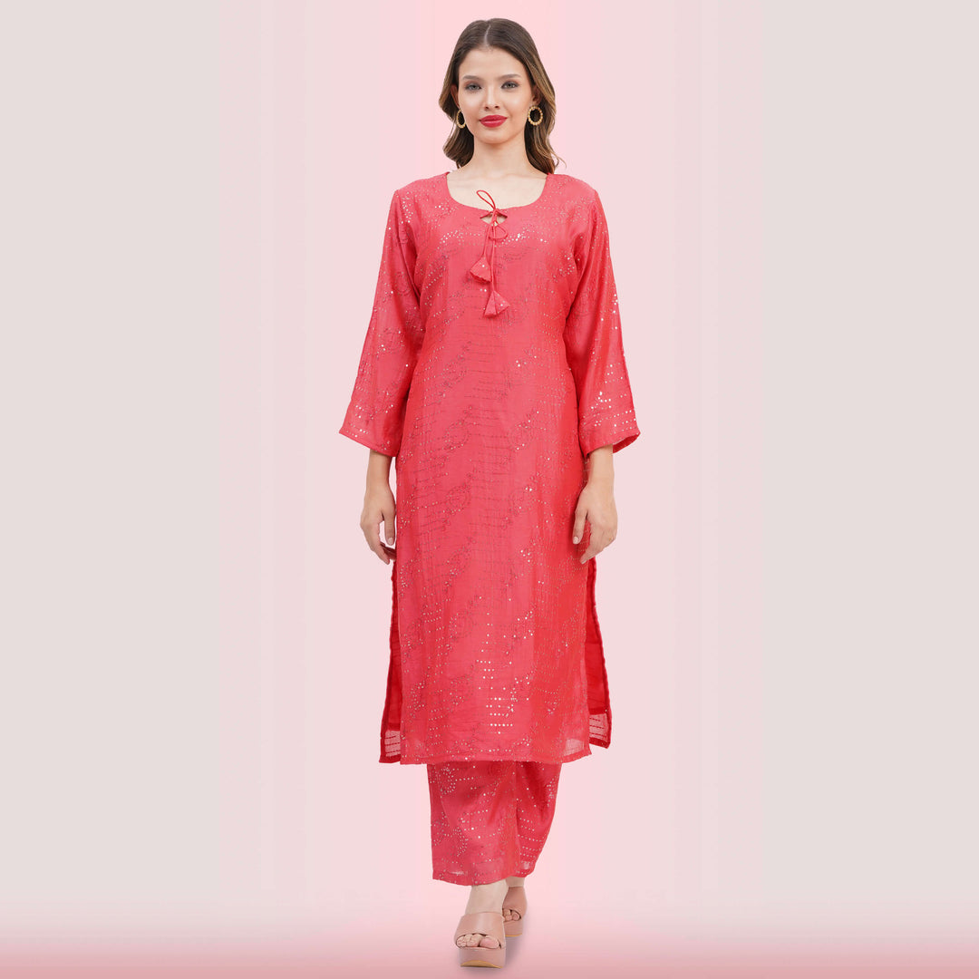 Coral Salwar Suit & Vibrant Print Dupatta from Chiro's By Jigyasa